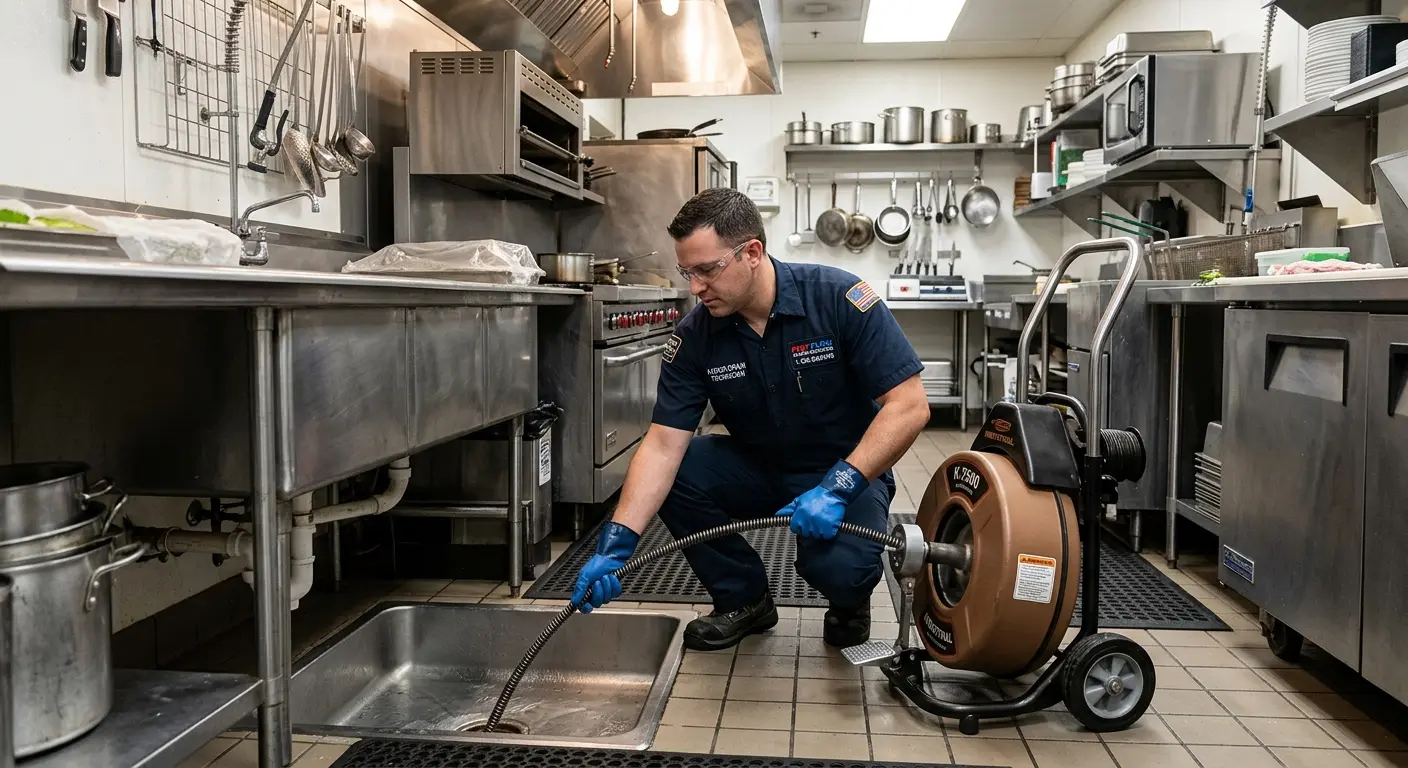 Commercial drain cleaning service in a restaurant kitchen in North Middleton