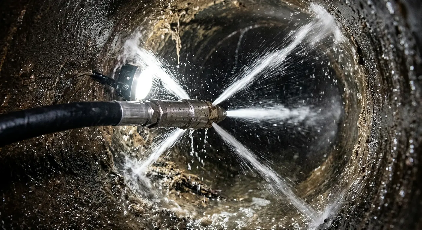 High-pressure hydro jetting nozzle cleaning sewer pipe for Trenchless Sewer Repair in North Middleton