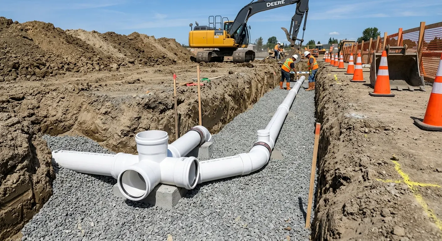New PVC sewer pipe installation in open trench for Commercial Drain Cleaning in North Middleton
