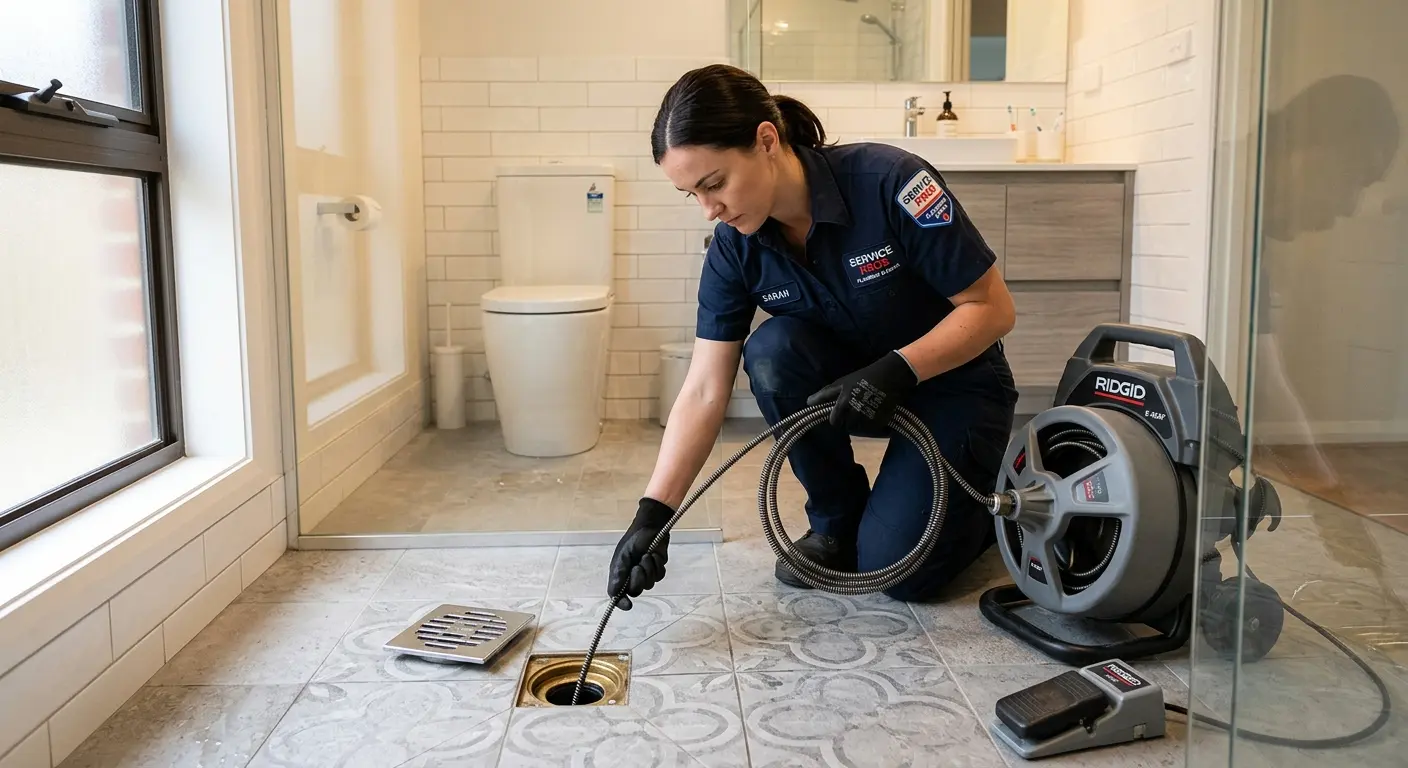Technician clearing a bathroom floor drain for Clogged Drain Repair in North Middleton
